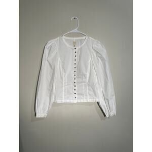 La Vie Rebecca Taylor White Structured Puff‎ Sleeve Button Front Cotton Blouse